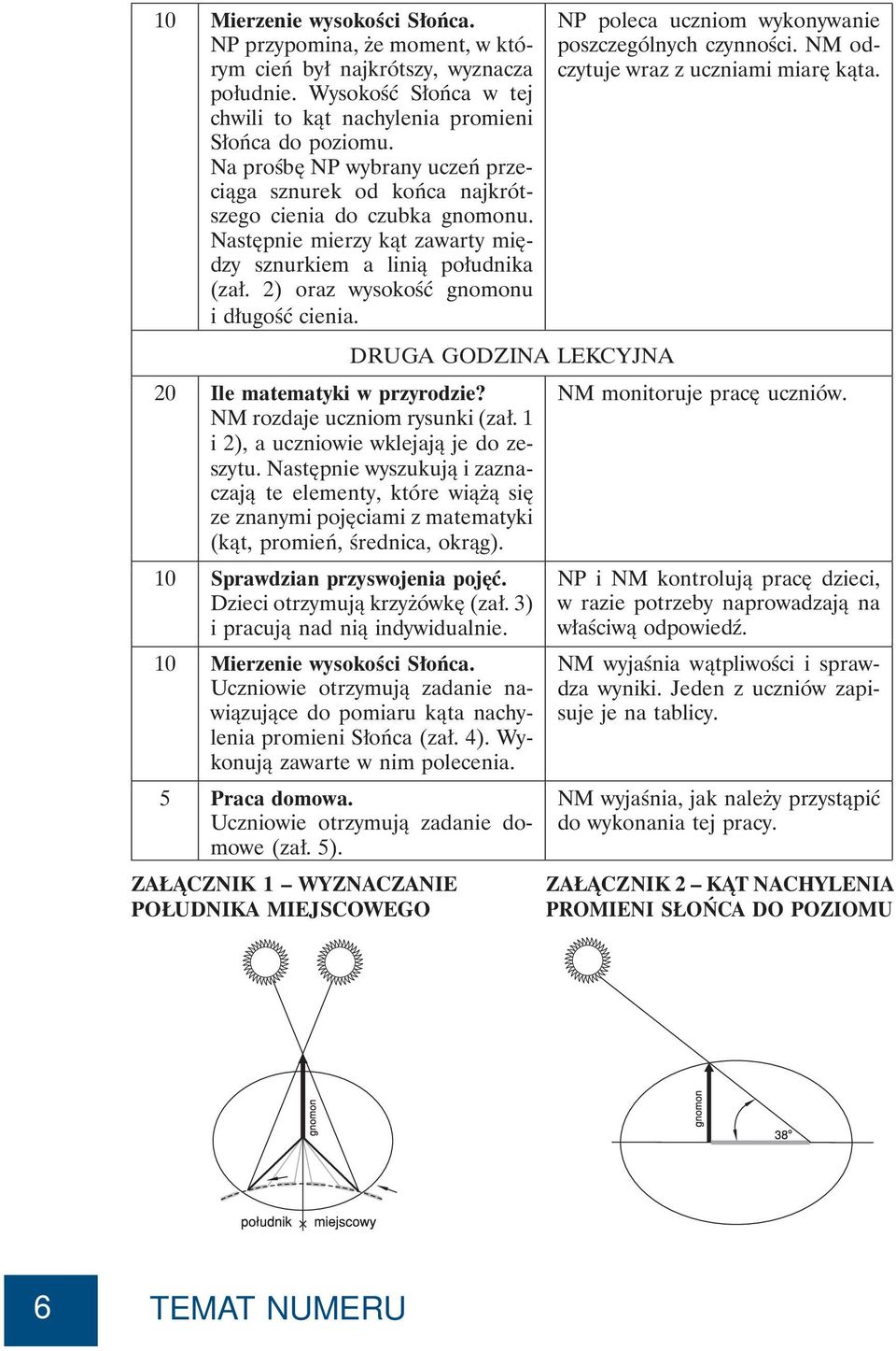 2) oraz wysokość gnomonu idługośćcienia. NP poleca uczniom wykonywanie poszczególnych czynności. NM odczytuje wraz z uczniami miarę kąta. DRUGA GODZINA LEKCYJNA 20 Ile matematyki w przyrodzie?