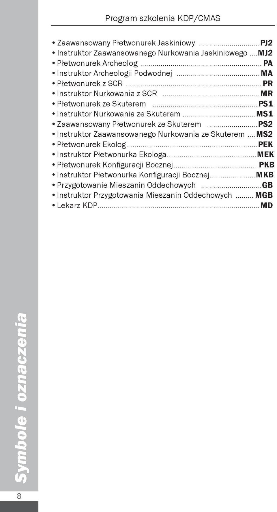 ..MS1 Zaawansowany Płetwonurek ze Skuterem...PS2 Instruktor Zaawansowanego Nurkowania ze Skuterem...MS2 Płetwonurek Ekolog...PEK Instruktor Płetwonurka Ekologa.