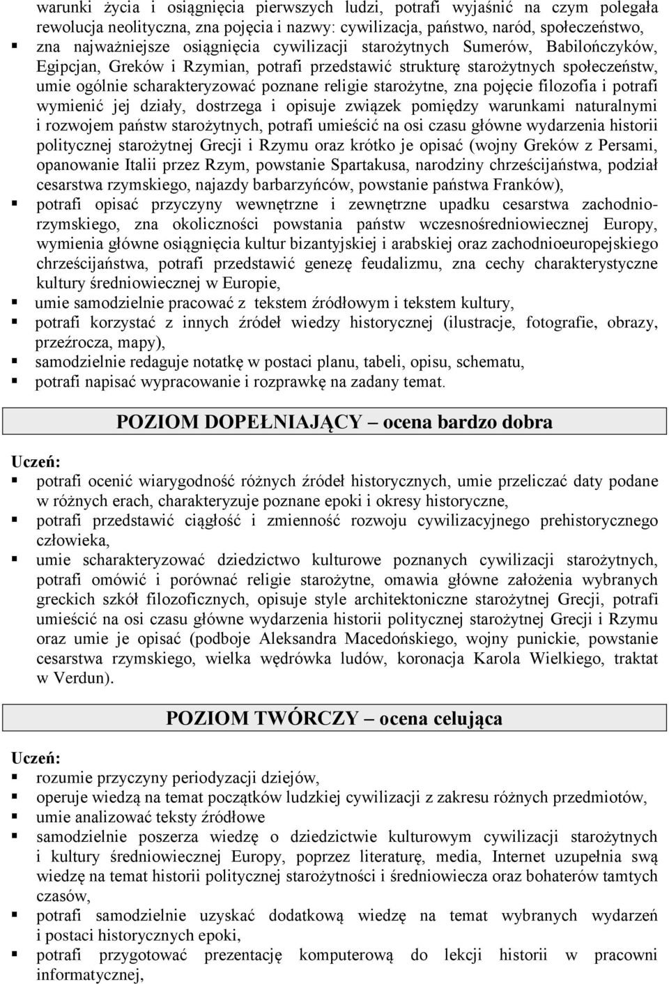 pojęcie filozofia i potrafi wymienić jej działy, dostrzega i opisuje związek pomiędzy warunkami naturalnymi i rozwojem państw starożytnych, potrafi umieścić na osi czasu główne wydarzenia historii