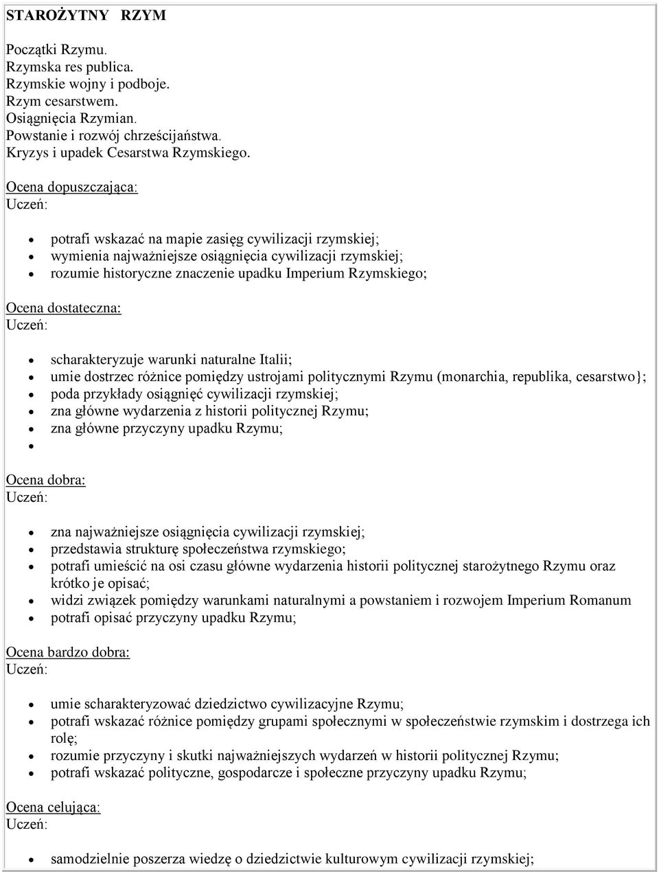 dostateczna: scharakteryzuje warunki naturalne Italii; umie dostrzec różnice pomiędzy ustrojami politycznymi Rzymu (monarchia, republika, cesarstwo}; poda przykłady osiągnięć cywilizacji rzymskiej;