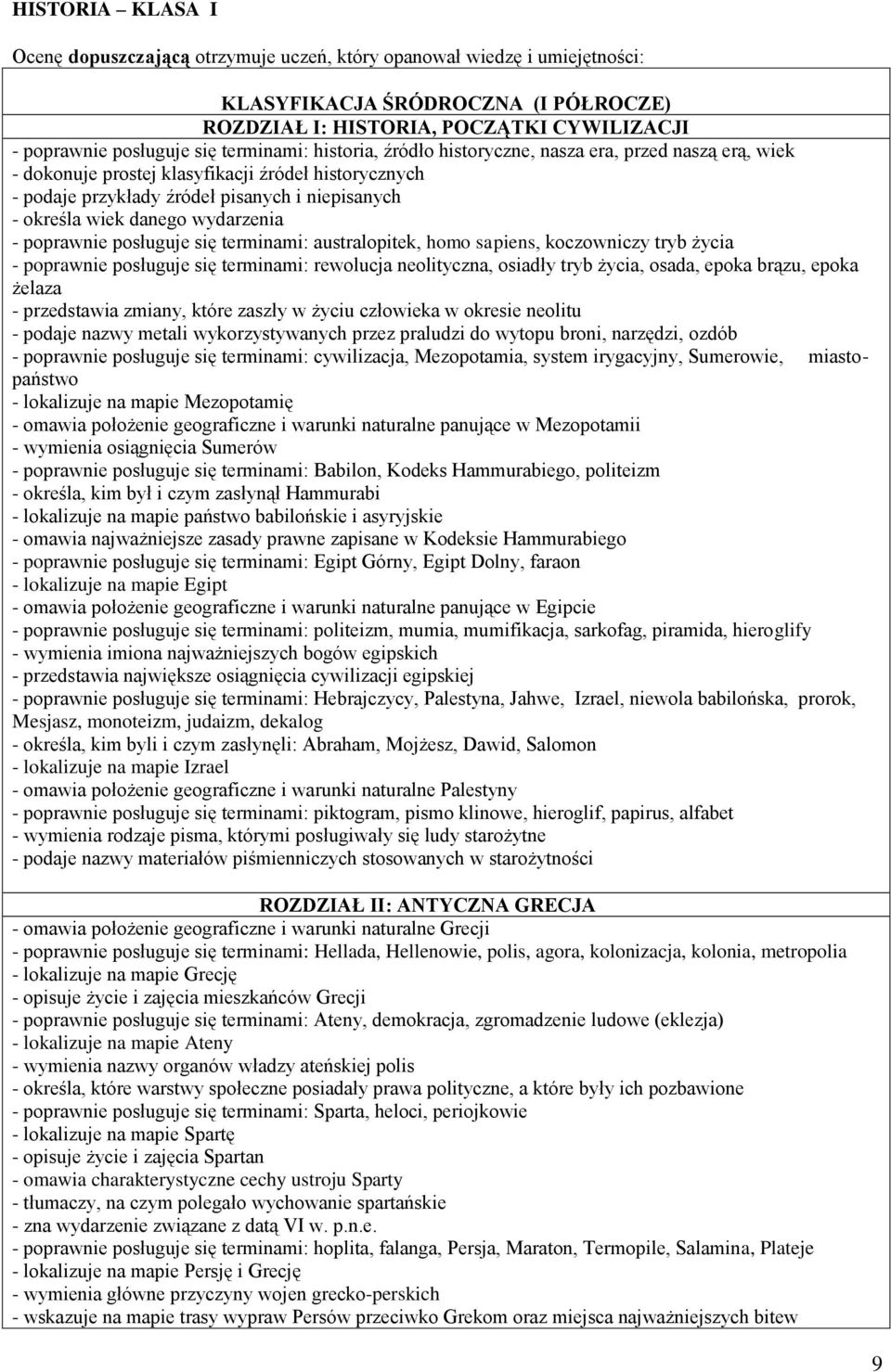 wydarzenia - poprawnie posługuje się terminami: australopitek, homo sapiens, koczowniczy tryb życia - poprawnie posługuje się terminami: rewolucja neolityczna, osiadły tryb życia, osada, epoka brązu,