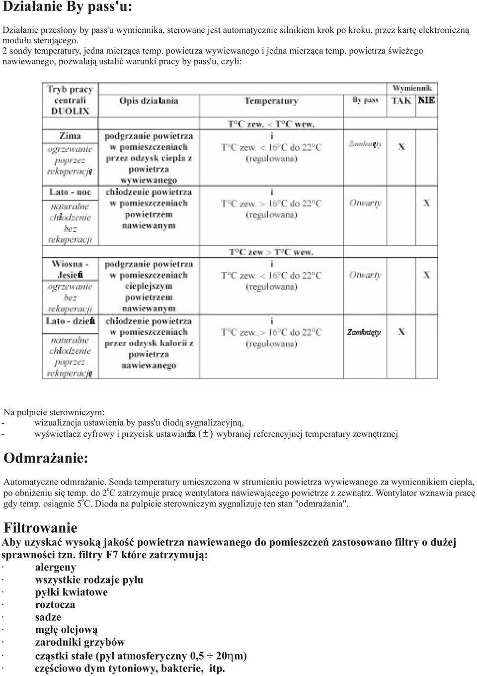 powietrza œwie ego nawiewanego, pozwalaj¹ ustaliæ warunki pracy by pass'u, czyli: Na pulpicie sterowniczym: - wizualizacja ustawienia by pass'u diod¹ sygnalizacyjn¹, - wyœwietlacz cyfrowy i przycisk