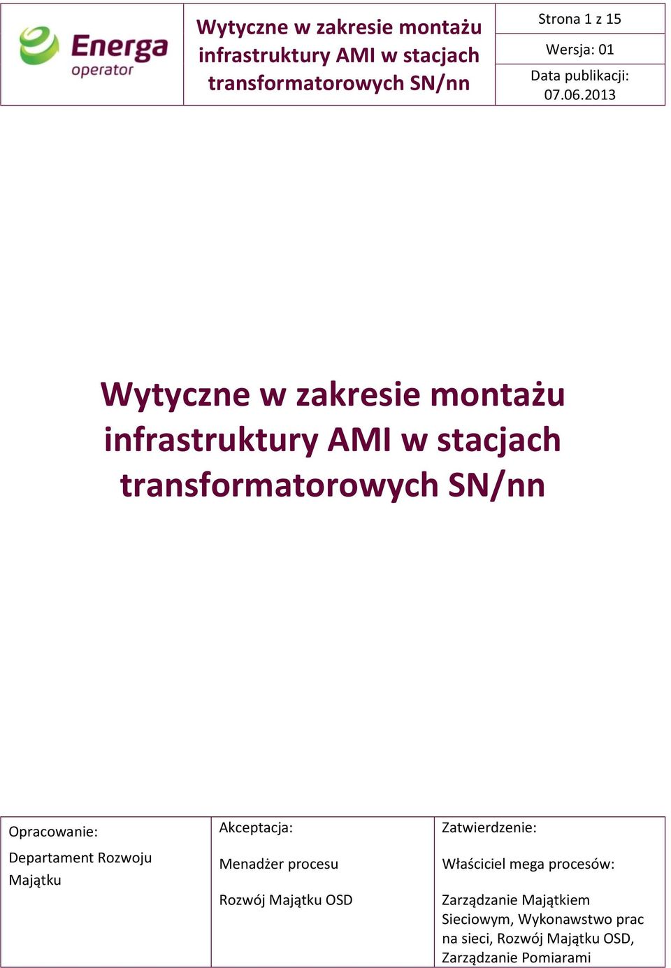 2013 Wytyczne w zakresie montażu infrastruktury AMI w stacjach Opracowanie: Departament Rozwoju