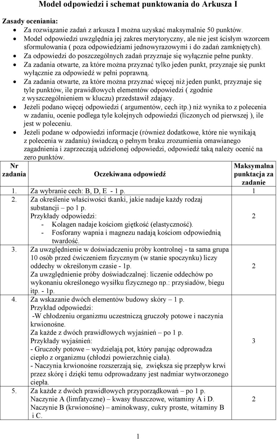 Za odpowiedzi do poszczególnych zadań przyznaje się wyłącznie pełne punkty. Za zadania otwarte, za które można przyznać tylko jeden punkt, przyznaje się punkt wyłącznie za odpowiedź w pełni poprawną.