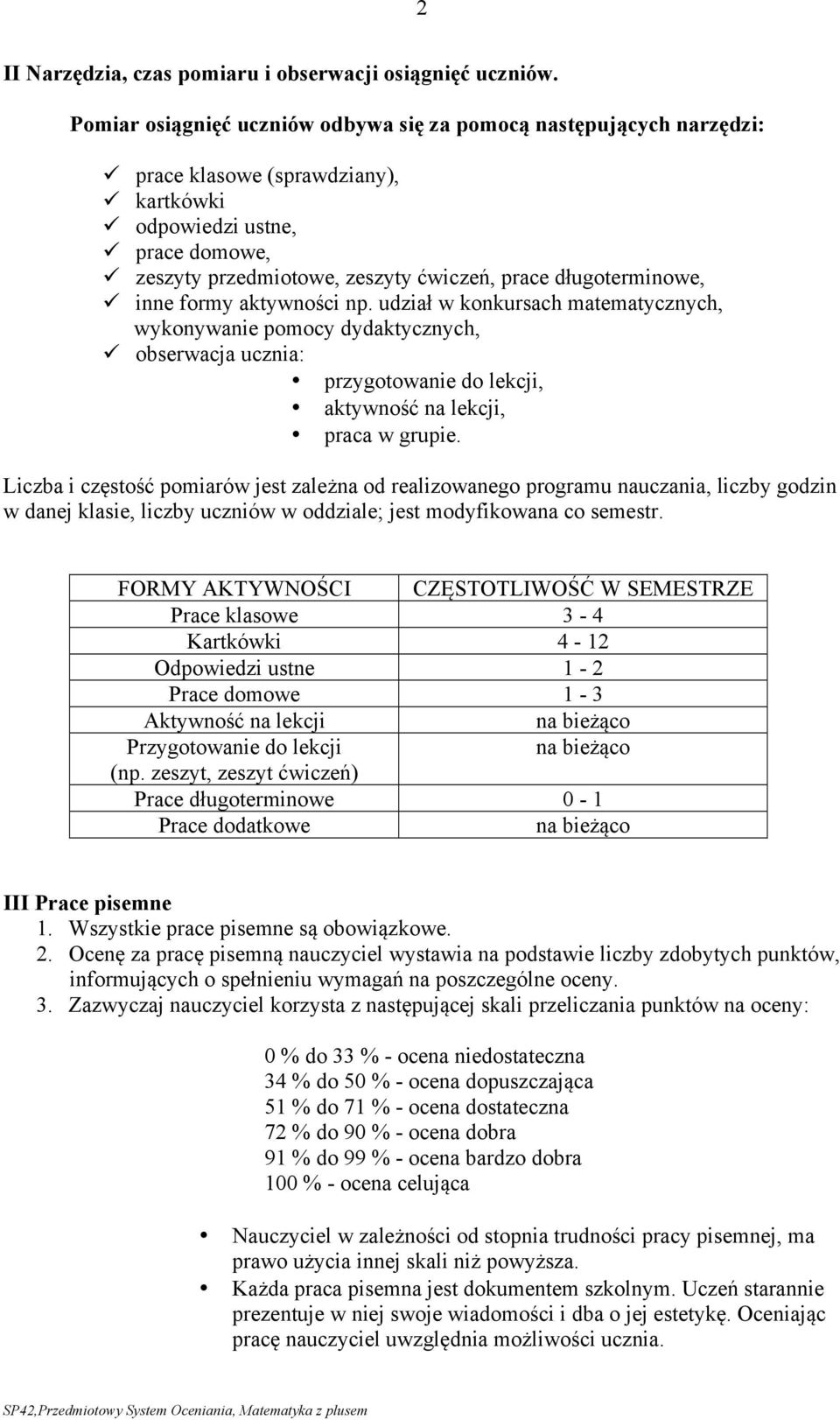 długoterminowe, ü inne formy aktywności np. udział w konkursach matematycznych, wykonywanie pomocy dydaktycznych, ü obserwacja ucznia: przygotowanie do lekcji, aktywność na lekcji, praca w grupie.