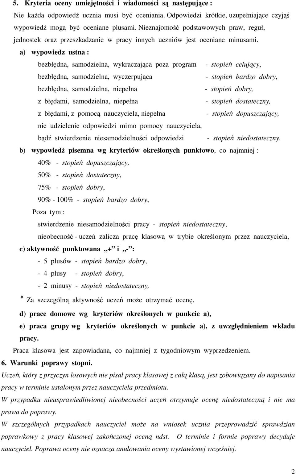 a) wypowiedz ustna : bezbłędna, samodzielna, wykraczająca poza program - stopień celujący, bezbłędna, samodzielna, wyczerpująca - stopień bardzo dobry, bezbłędna, samodzielna, niepełna - stopień