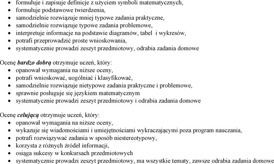 bardzo dobrą otrzymuje uczeń, który: opanował wymagania na niższe oceny, potrafi wnioskować, uogólniać i klasyfikować, samodzielnie rozwiązuje nietypowe zadania praktyczne i problemowe, sprawnie