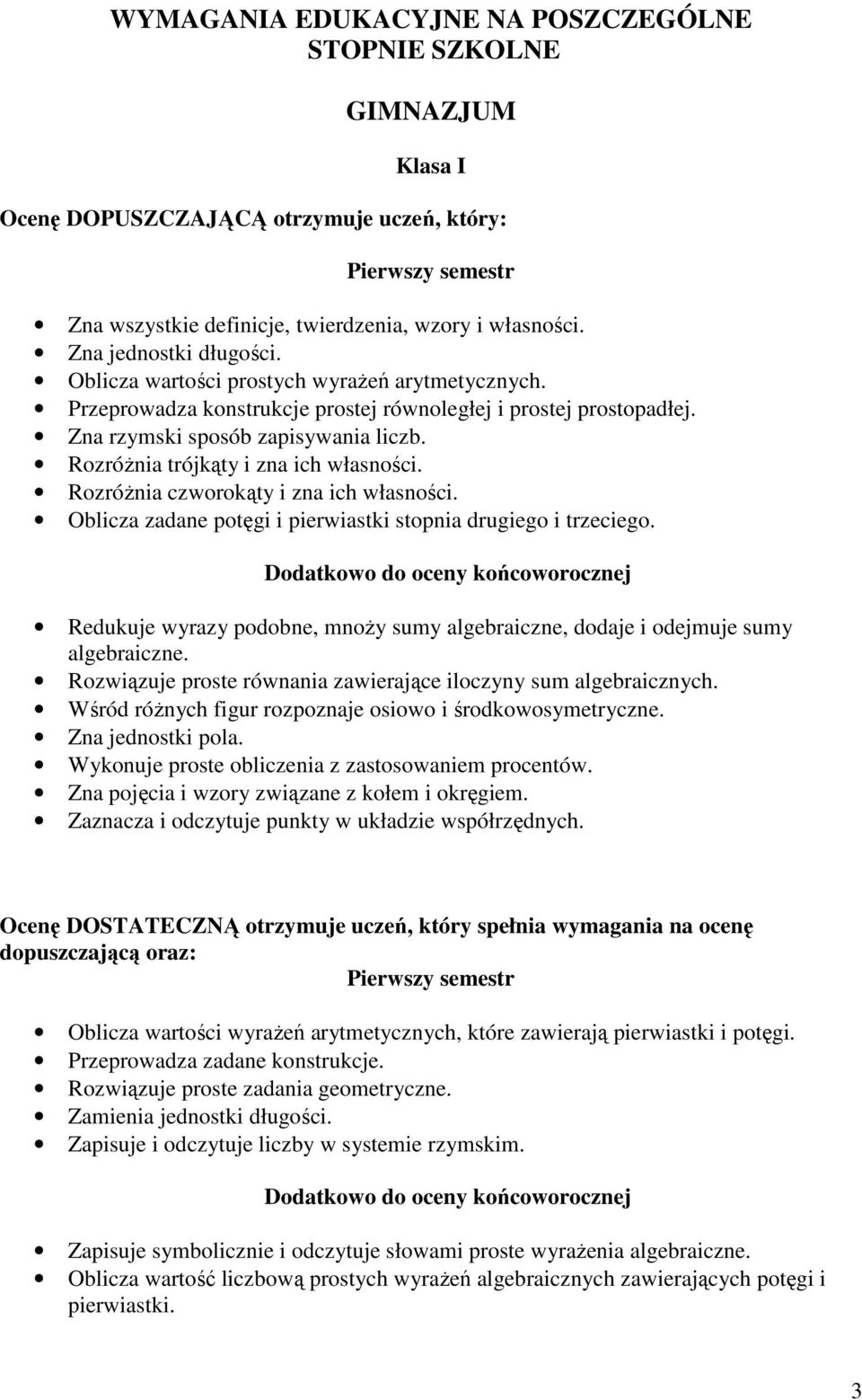 Rozróżnia czworokąty i zna ich własności. Oblicza zadane potęgi i pierwiastki stopnia drugiego i trzeciego. Redukuje wyrazy podobne, mnoży sumy algebraiczne, dodaje i odejmuje sumy algebraiczne.