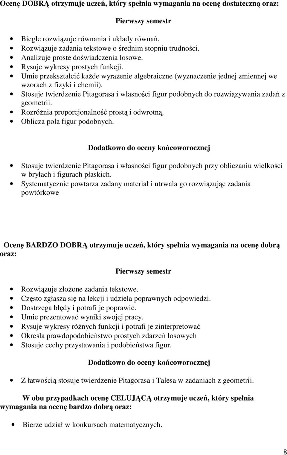 Stosuje twierdzenie Pitagorasa i własności figur podobnych do rozwiązywania zadań z geometrii. Rozróżnia proporcjonalność prostą i odwrotną. Oblicza pola figur podobnych.