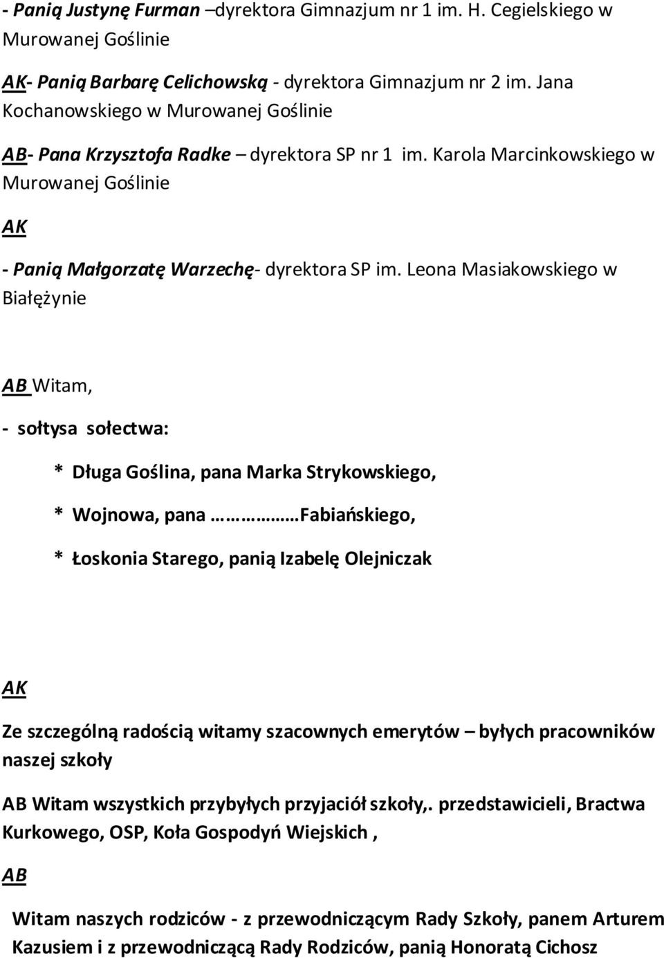 Leona Masiakowskiego w Białężynie AB Witam, - sołtysa sołectwa: * Długa Goślina, pana Marka Strykowskiego, * Wojnowa, pana Fabiańskiego, * Łoskonia Starego, panią Izabelę Olejniczak Ze szczególną