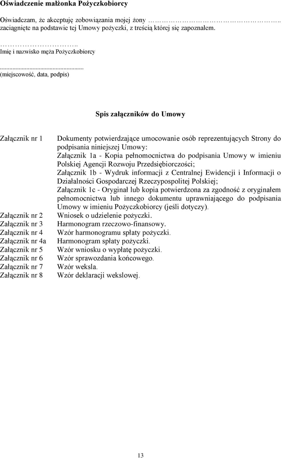 .. (miejscowość, data, podpis) Spis załączników do Umowy Załącznik nr 1 Załącznik nr 2 Załącznik nr 3 Załącznik nr 4 Załącznik nr 4a Załącznik nr 5 Załącznik nr 6 Załącznik nr 7 Załącznik nr 8