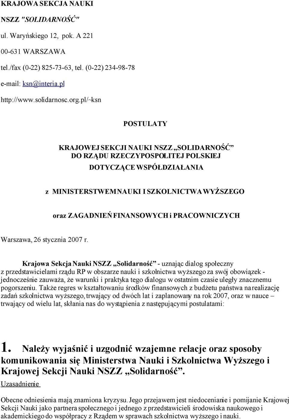 PRACOWNICZYCH Warszawa, 26 stycznia 2007 r.
