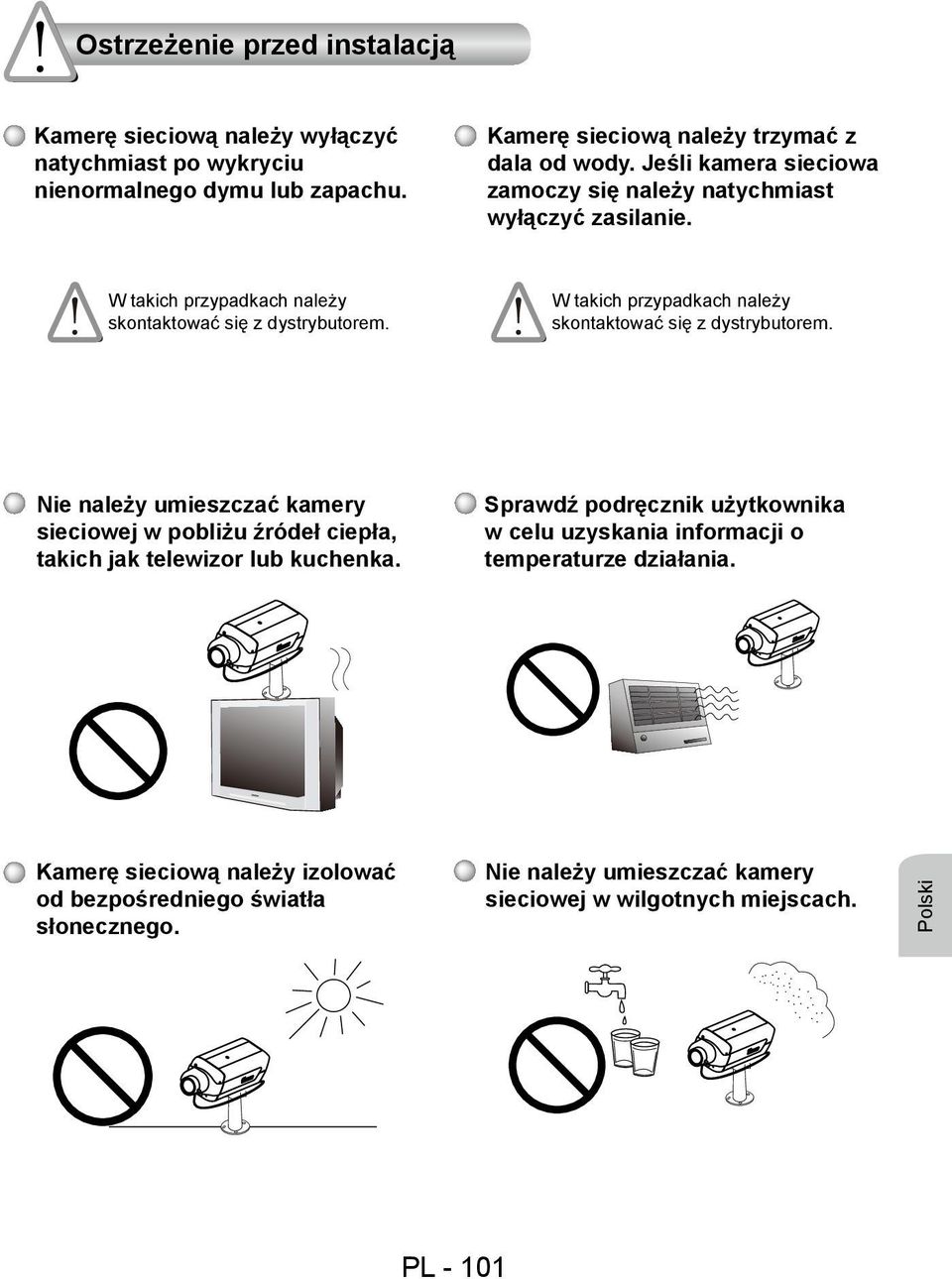 W takich przypadkach należy skontaktować się z dystrybutorem. Nie należy umieszczać kamery sieciowej w pobliżu źródeł ciepła, takich jak telewizor lub kuchenka.