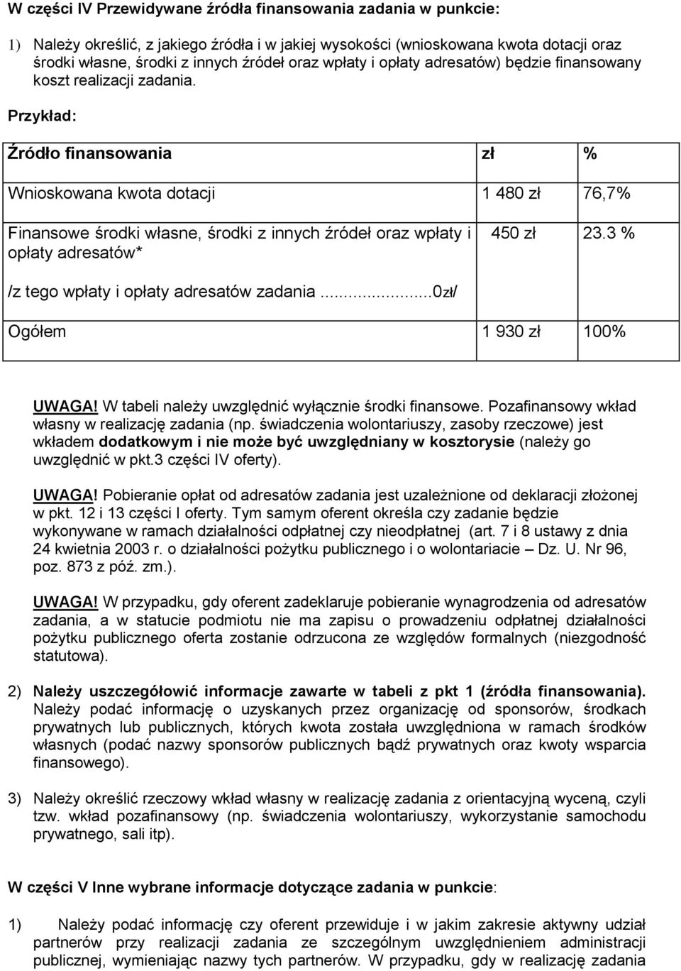 Przykład: Źródło finansowania zł % Wnioskowana kwota dotacji 1 480 zł 76,7% Finansowe środki własne, środki z innych źródeł oraz wpłaty i opłaty adresatów* 450 zł 23.