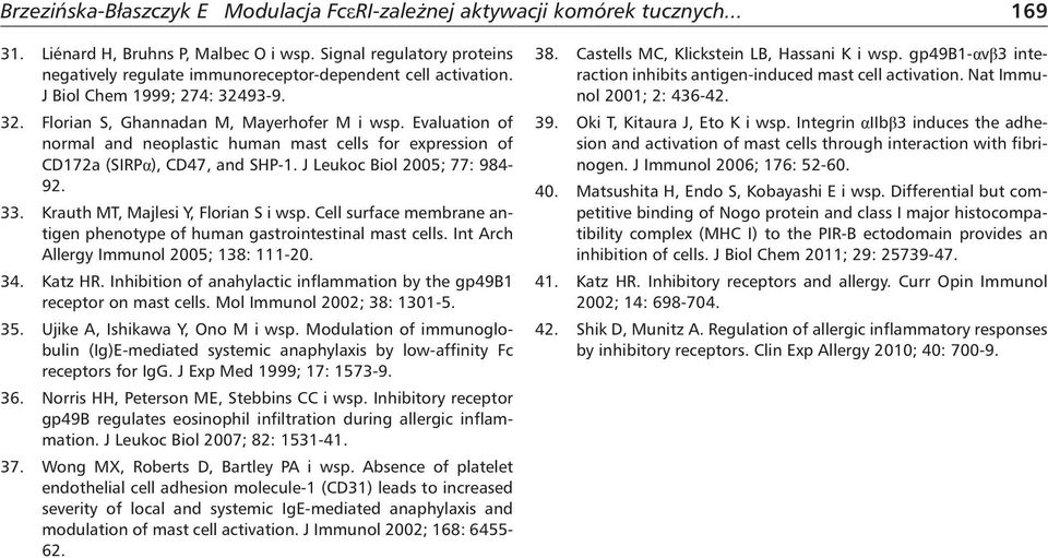 Evaluation of normal and neoplastic human mast cells for expression of CD172a (SIRPα), CD47, and SHP-1. J Leukoc Biol 2005; 77: 984-92. 33. Krauth MT, Majlesi Y, Florian S i wsp.