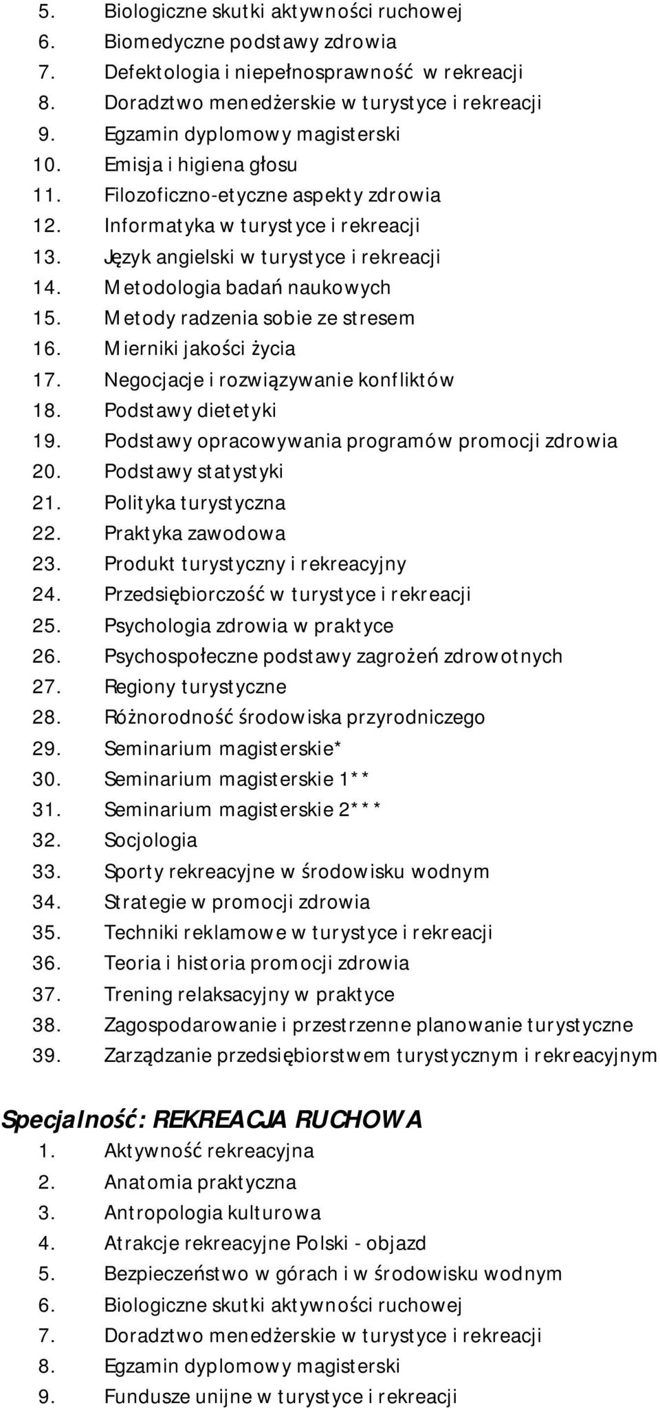 Mierniki jakości życia 17. Negocjacje i rozwiązywanie konfliktów 18. Podstawy dietetyki 19. Podstawy opracowywania programów promocji zdrowia 20. Podstawy statystyki 24.