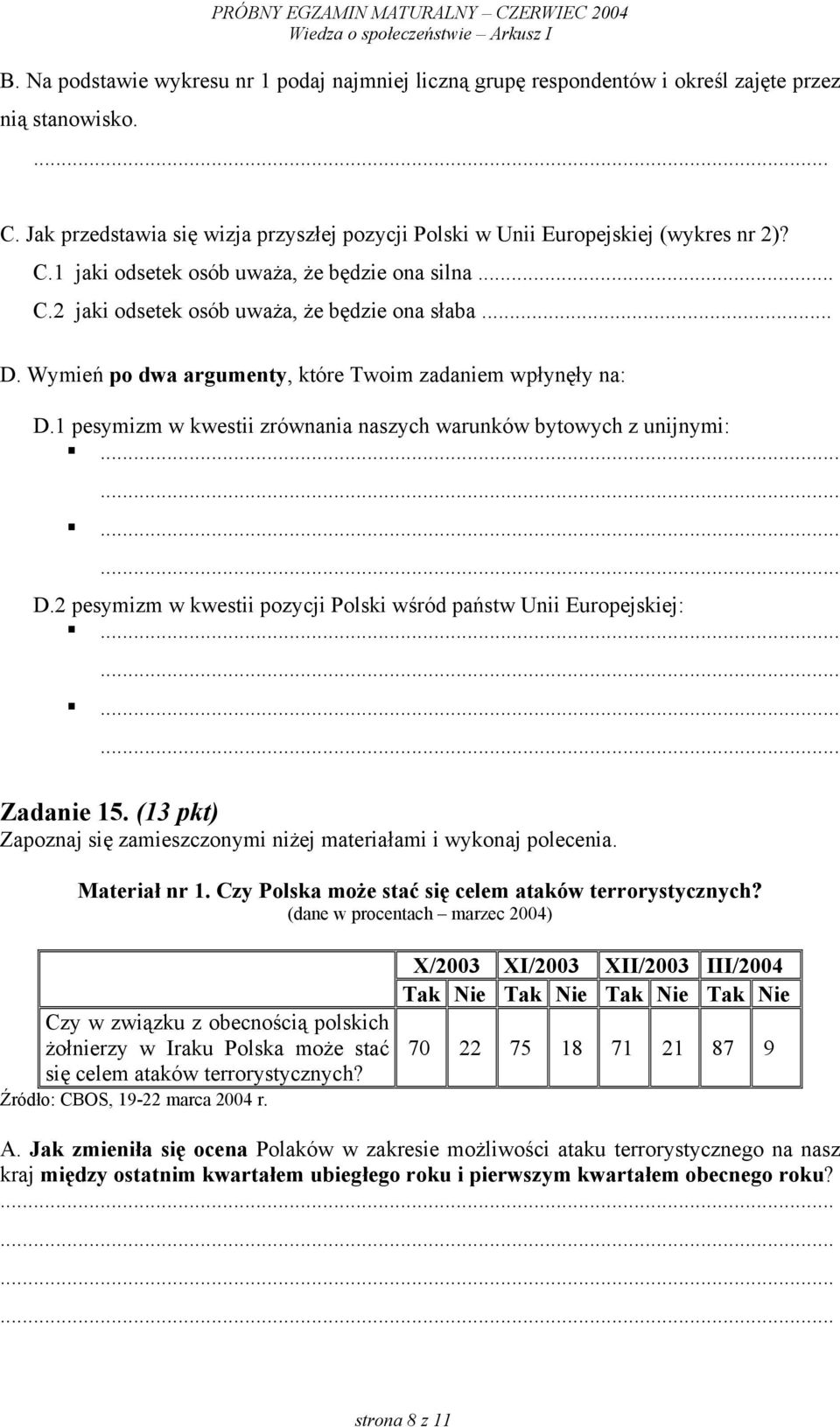 1 pesymizm w kwestii zrównania naszych warunków bytowych z unijnymi:!......!...... D.2 pesymizm w kwestii pozycji Polski wśród państw Unii Europejskiej:!......!...... Zadanie 15.