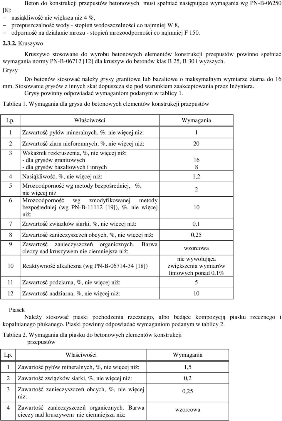 3.2. Kruszywo Kruszywo stosowane do wyrobu betonowych elementów konstrukcji przepustów powinno spełniać wymagania normy PN-B-06712 [12] dla kruszyw do betonów klas B 25, B 30 i wyższych.