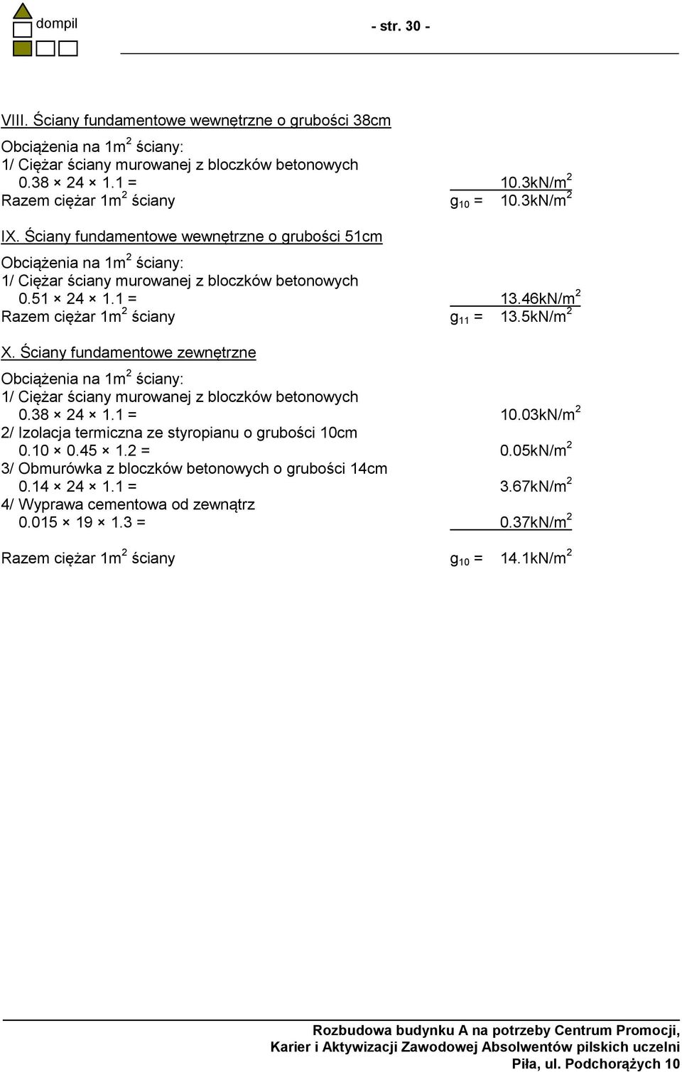 Ściany fundamentowe zewnętrzne 1/ Ciężar ściany murowanej z bloczków betonowych 0.38 24 1.1 = 10.03kN/m 2 2/ Izolacja termiczna ze styropianu o grubości 10cm 0.10 0.45 1.2 = 0.
