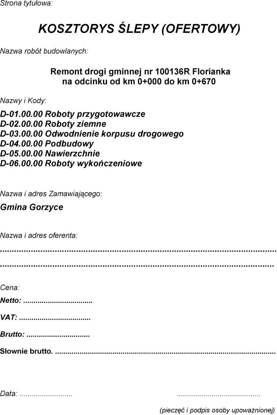 00.00 Nawierzchnie Nazwa i adres Zaawiającego: Gina Gorzyce Nazwa i adres oferenta:...... Cena: Netto:.
