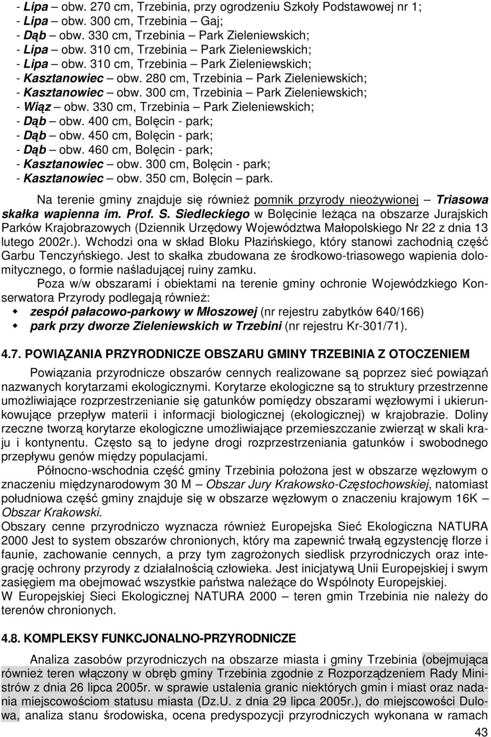300 cm, Trzebinia Park Zieleniewskich; - Wiąz obw. 330 cm, Trzebinia Park Zieleniewskich; - Dąb obw. 400 cm, Bolęcin - park; - Dąb obw. 450 cm, Bolęcin - park; - Dąb obw.