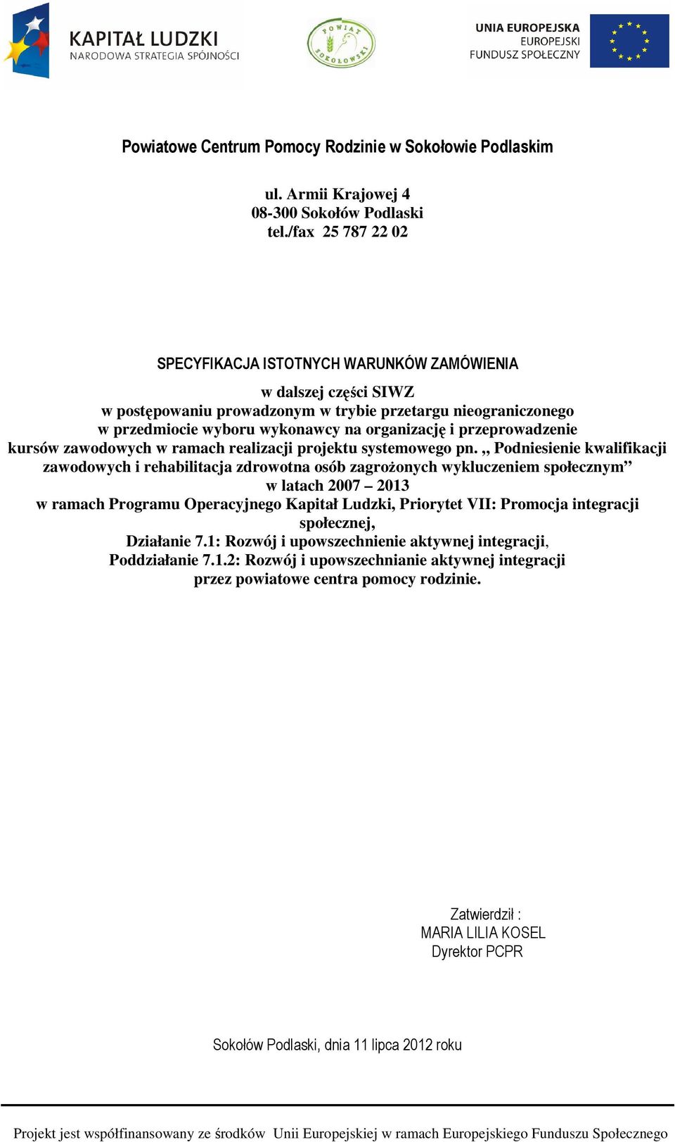 przeprowadzenie kursów zawodowych w ramach realizacji projektu systemowego pn.