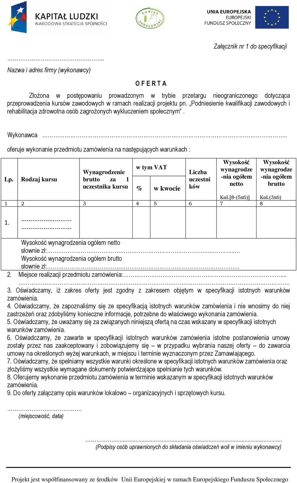 . oferuje wykonanie przedmiotu zamówienia na następujących warunkach : Lp.