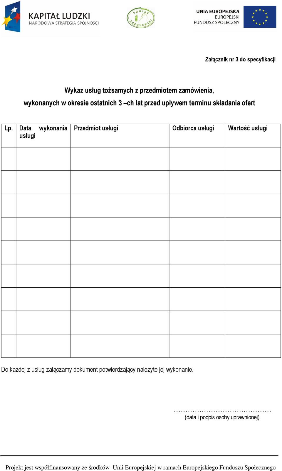 Data wykonania usługi Przedmiot usługi Odbiorca usługi Wartość usługi Do każdej z