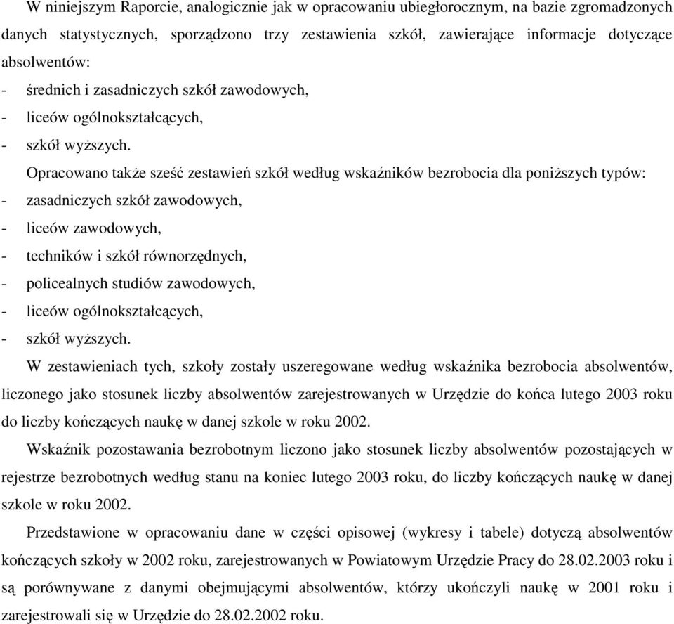 Opracowano także sześć zestawień szkół według wskaźników bezrobocia dla poniższych typów: zasadniczych szkół zawodowych, liceów zawodowych, techników i szkół równorzędnych, policealnych studiów
