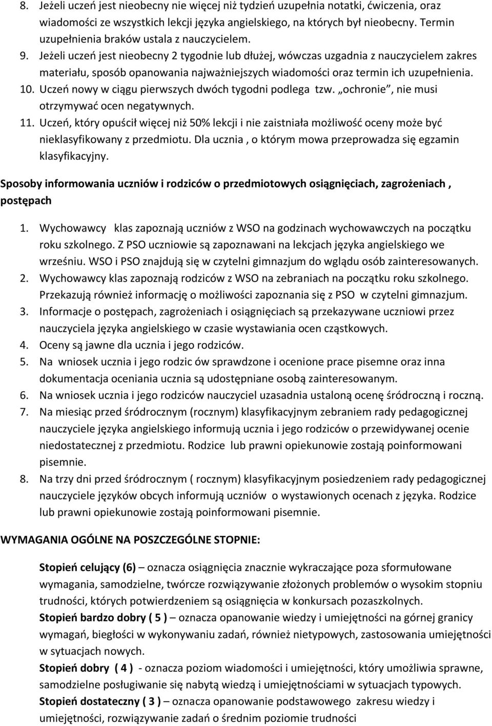 Jeżeli uczeń jest nieobecny 2 tygodnie lub dłużej, wówczas uzgadnia z nauczycielem zakres materiału, sposób opanowania najważniejszych wiadomości oraz termin ich uzupełnienia. 10.