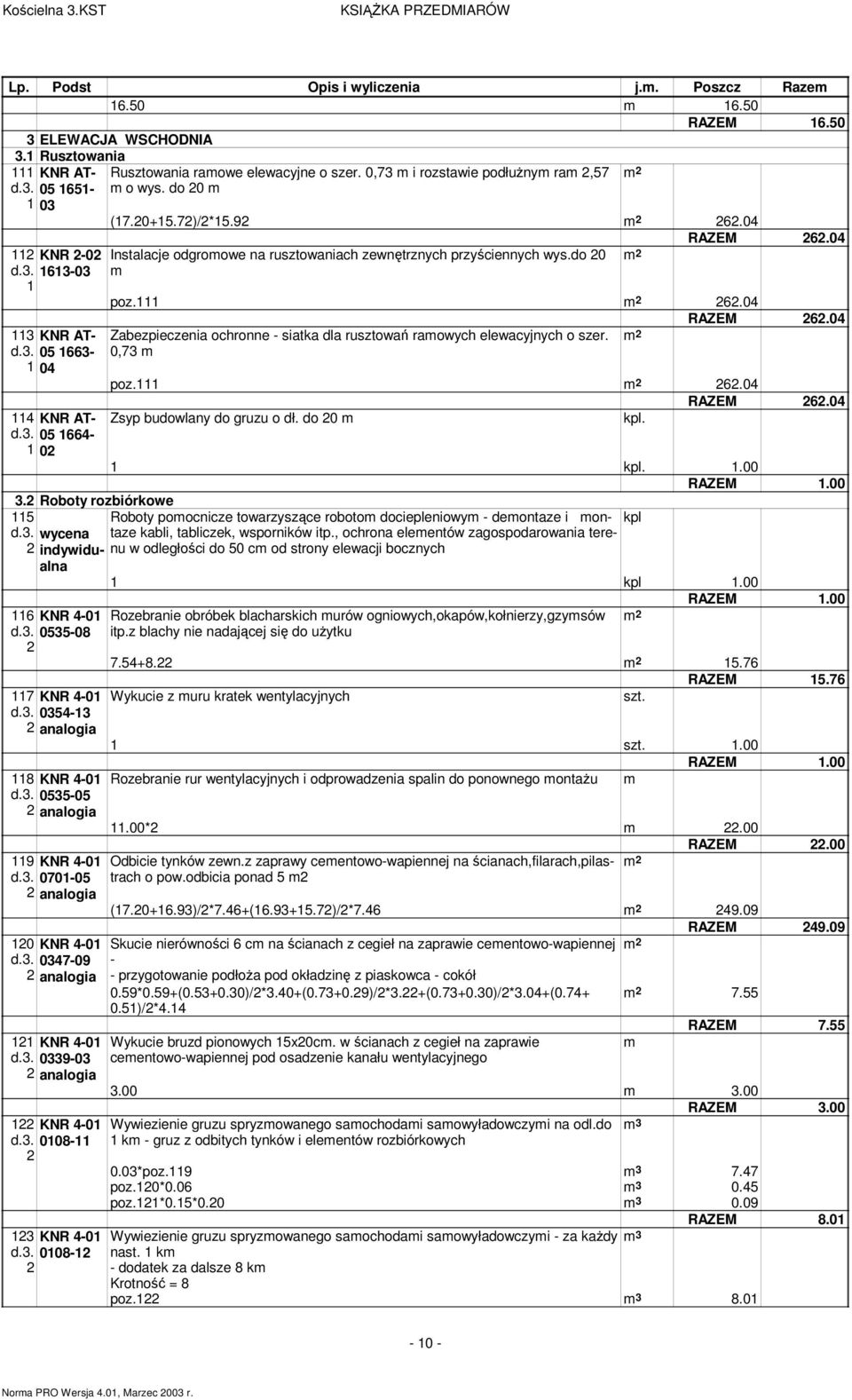 04 Instalacje odgroowe na rusztowaniach zewnętrznych przyściennych wys.do 0 poz.111 6.04 RAZEM 6.04 Zabezpieczenia ochronne - siatka dla rusztowań raowych elewacyjnych o szer. 0,7 poz.111 6.04 RAZEM 6.04 Zsyp budowlany do gruzu o dł.