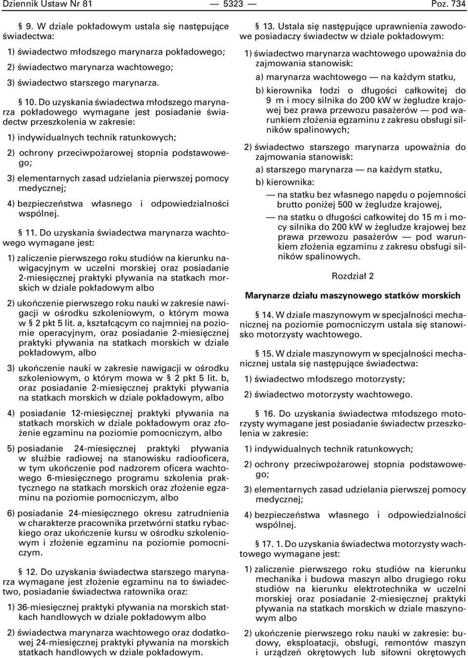 Do uzyskania Êwiadectwa m odszego marynarza pok adowego wymagane jest posiadanie Êwiadectw przeszkolenia w zakresie: 1) indywidualnych technik ratunkowych; 2) ochrony przeciwpo arowej stopnia