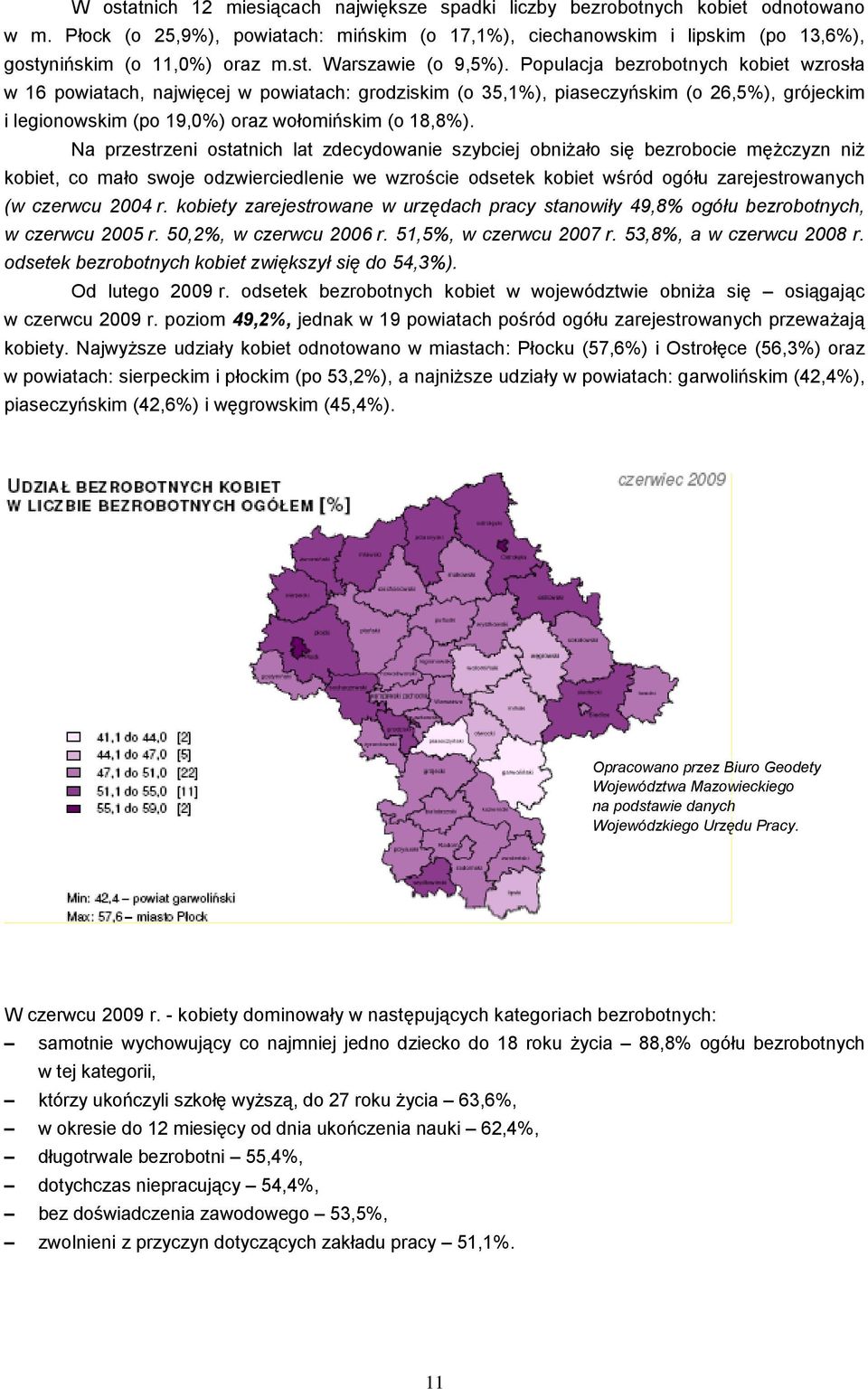 Populacja bezrobotnych kobiet wzrosła w 16 powiatach, najwięcej w powiatach: grodziskim (o 35,1%), piaseczyńskim (o 26,5%), grójeckim i legionowskim (po 19,0%) oraz wołomińskim (o 18,8%).