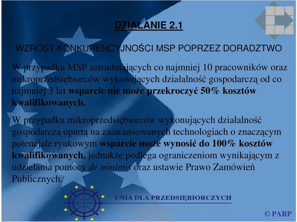 wykonujących działalność gospodarczą od co najmniej 3 lat wsparcie nie może przekroczyć 50% kosztów kwalifikowanych.