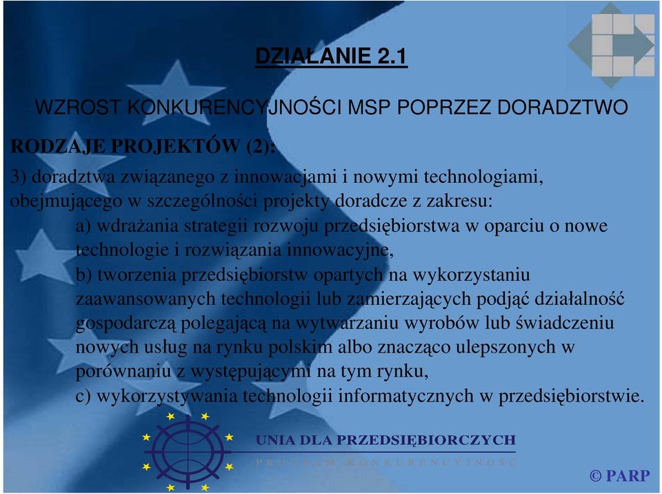 projekty doradcze z zakresu: a) wdrażania strategii rozwoju przedsiębiorstwa w oparciu o nowe technologie i rozwiązania innowacyjne, b) tworzenia przedsiębiorstw