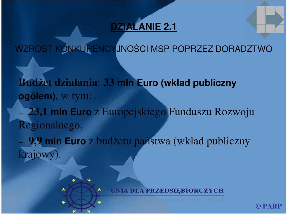 działania: 33 mln Euro (wkład publiczny ogółem), w tym: 23,1