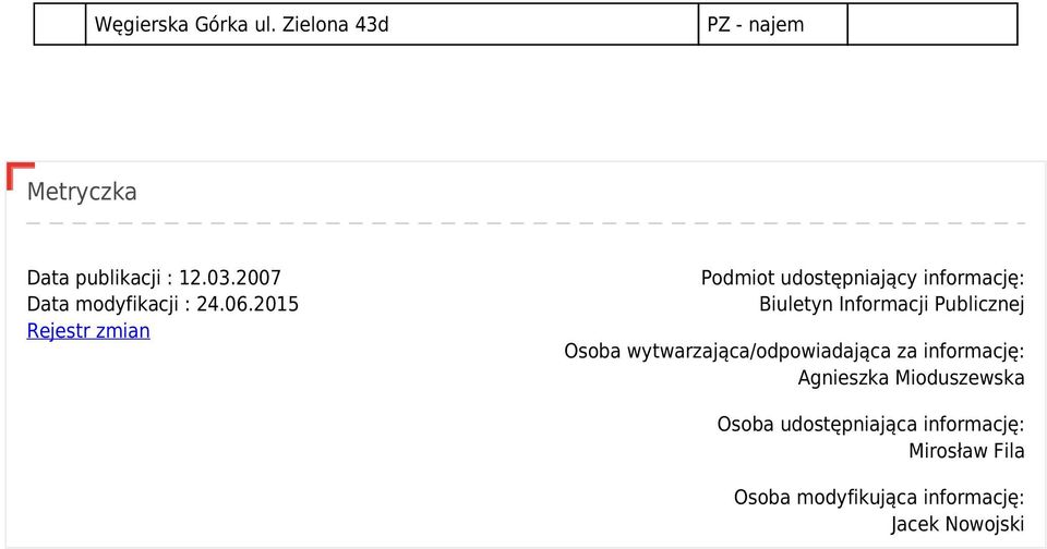 2015 Rejestr zmian Podmiot udostępniający informację: Biuletyn Informacji Publicznej