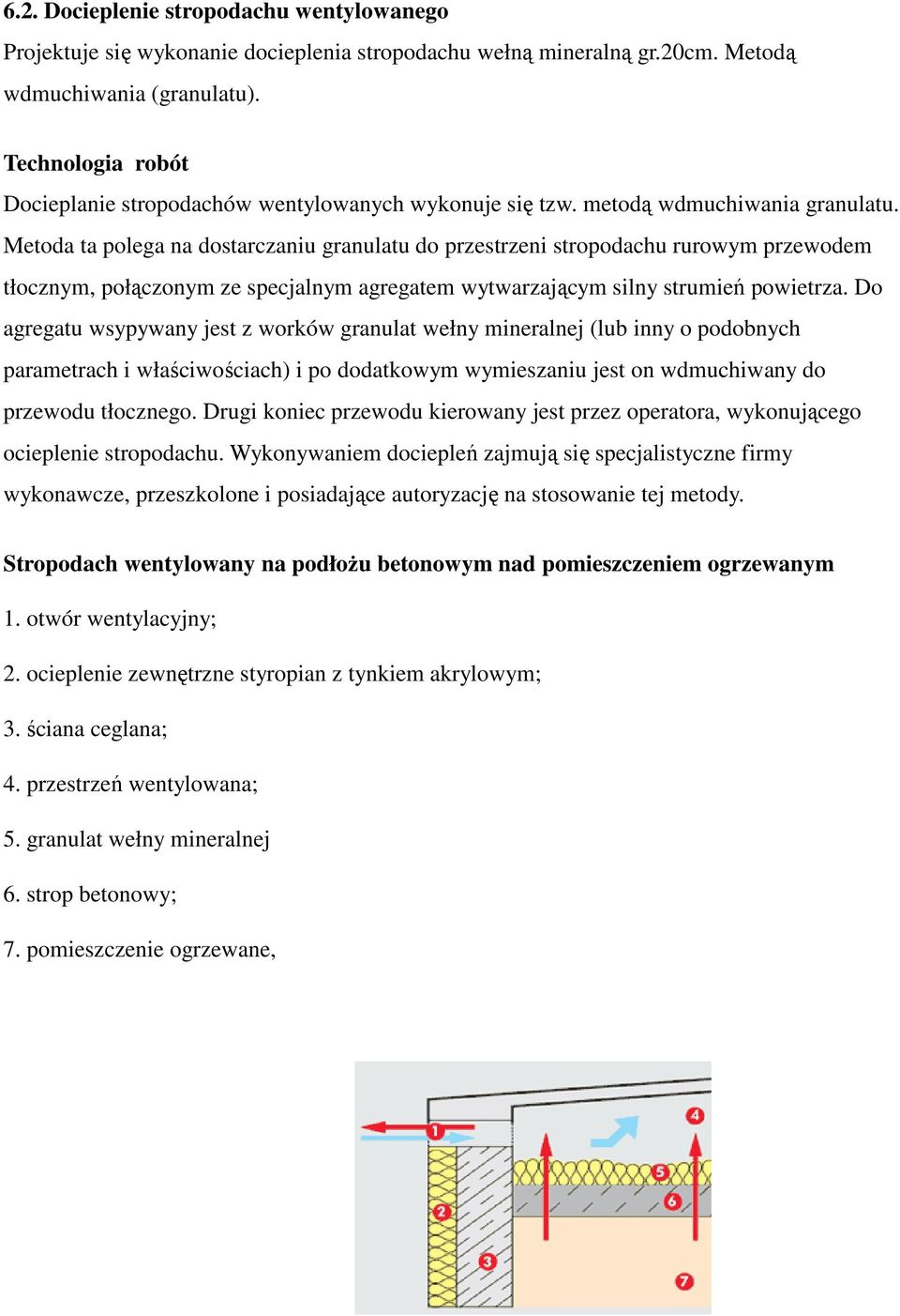 Metoda ta polega na dostarczaniu granulatu do przestrzeni stropodachu rurowym przewodem tłocznym, połączonym ze specjalnym agregatem wytwarzającym silny strumień powietrza.