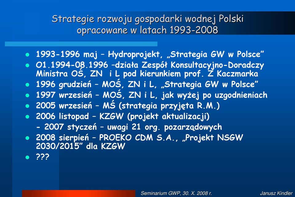 Z Kaczmarka 1996 grudzień MOŚ, ZN i L, Strategia GW w Polsce 1997 wrzesień MOŚ, ZN i L, jak wyŝej po uzgodnieniach 2005 wrzesień MŚ