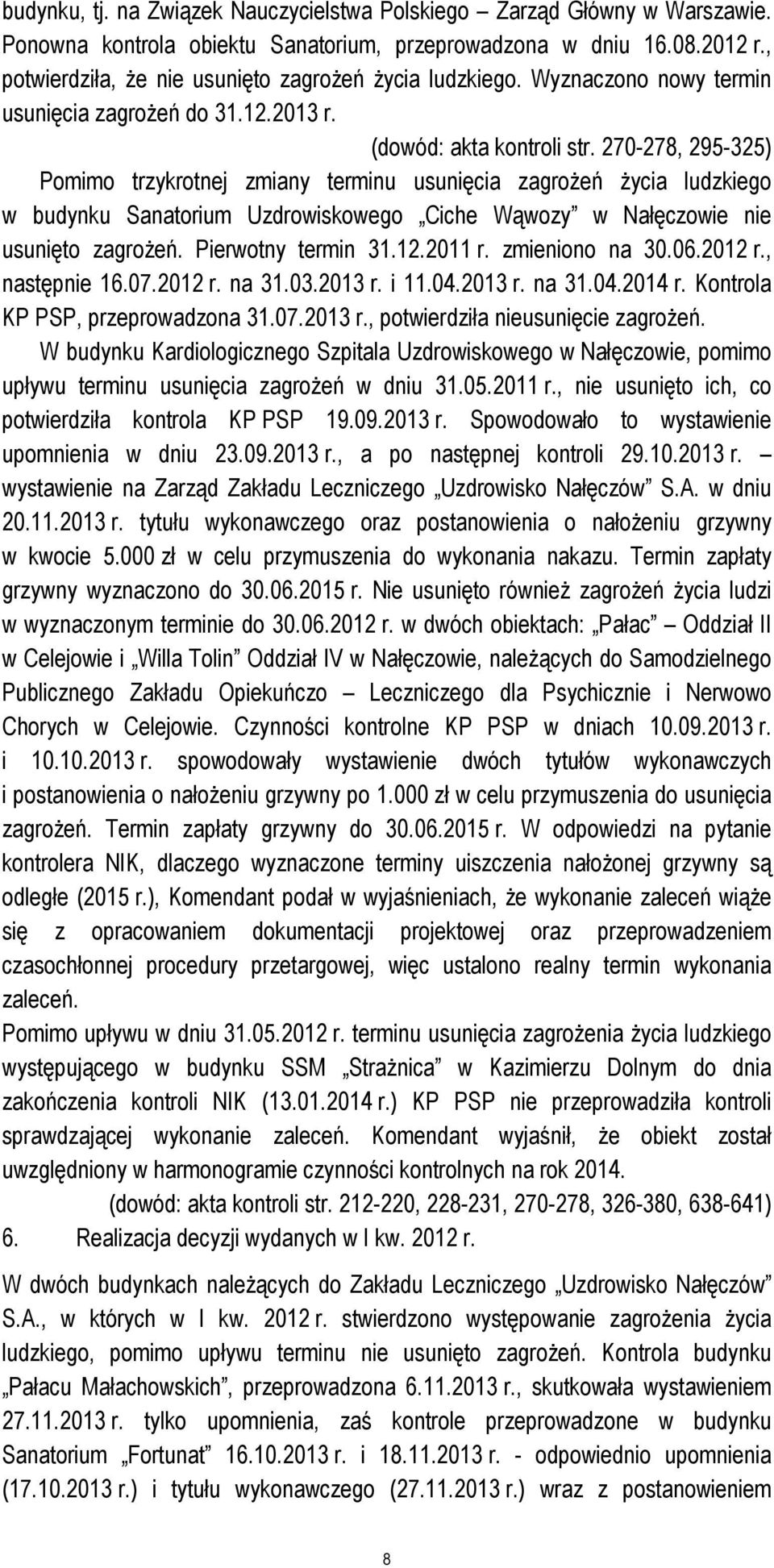 270-278, 295-325) Pomimo trzykrotnej zmiany terminu usunięcia zagrożeń życia ludzkiego w budynku Sanatorium Uzdrowiskowego Ciche Wąwozy w Nałęczowie nie usunięto zagrożeń. Pierwotny termin 31.12.