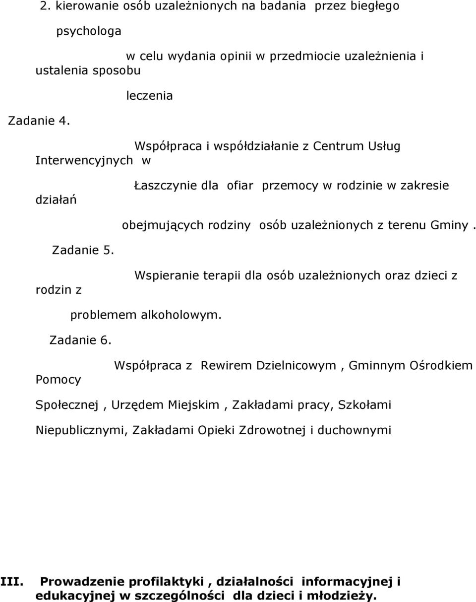 Gminy. Zadanie 5. rodzin z Wspieranie terapii dla osób uzaleŝnionych oraz dzieci z problemem alkoholowym. Zadanie 6.