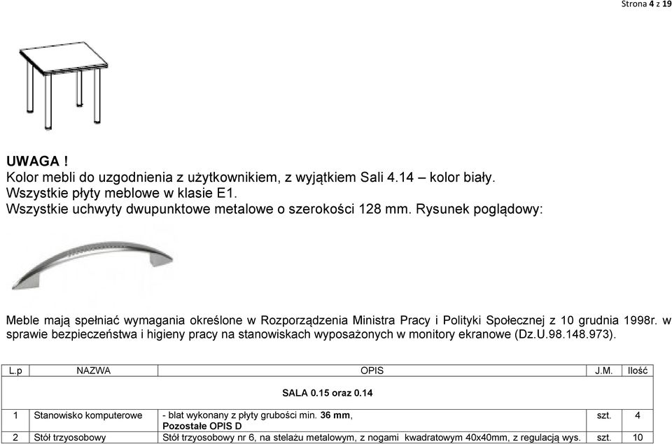 Rysunek poglądowy: Meble mają spełniać wymagania określone w Rozporządzenia Ministra Pracy i Polityki Społecznej z 10 grudnia 1998r.
