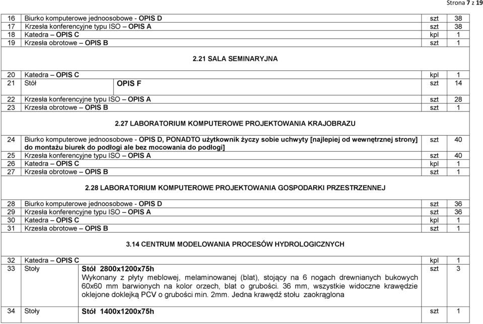 27 LABORATORIUM KOMPUTEROWE PROJEKTOWANIA KRAJOBRAZU 24 Biurko komputerowe jednoosobowe - OPIS D, PONADTO użytkownik życzy sobie uchwyty [najlepiej od wewnętrznej strony] szt 40 do montażu biurek do