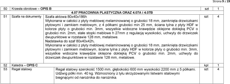 mm, ściana tylna z płyty HDF w kolorze płyty o grubości min. 3mm, wszystkie widoczne krawędzie oklejone doklejką PCV o grubości min.