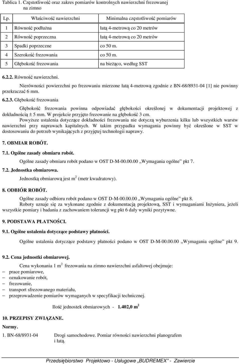 4 Szerokość frezowania co 50 m. 5 Głębokość frezowania na bieżąco, według SST 6.2.2. Równość nawierzchni.