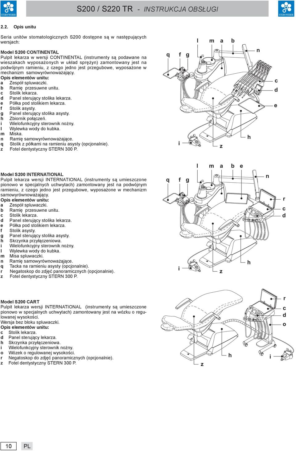 b Ramię przesuwne unitu. c Stolik lekarza. d Panel sterujący stolika lekarza. e Półka pod stolikiem lekarza. f Stolik asysty. g Panel sterujący stolika asysty. h Zbiornik połączeń.