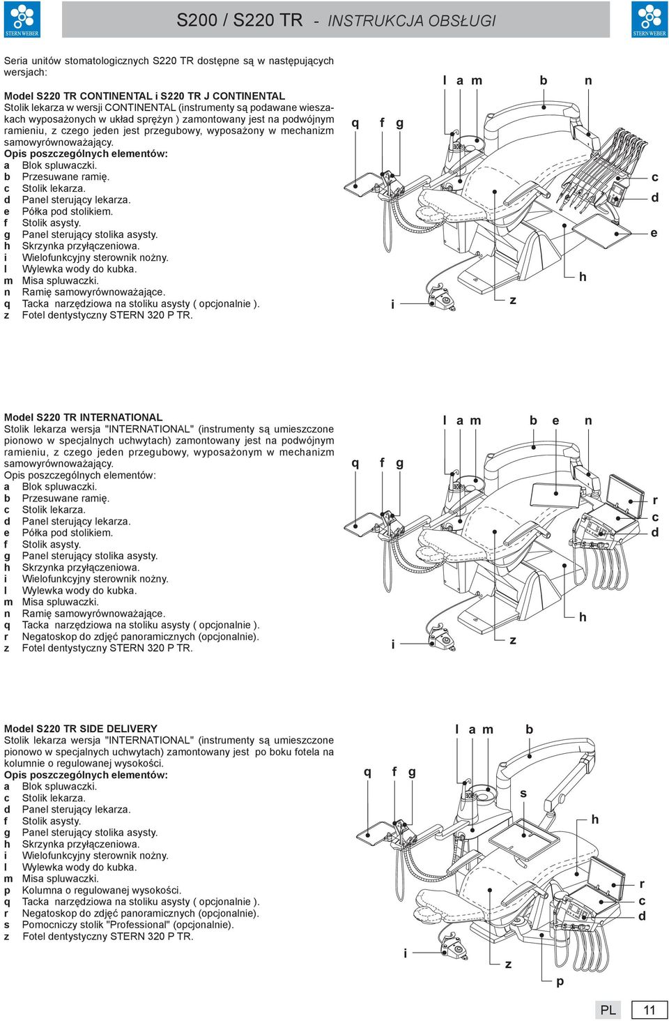 b Przesuwane ramię. c Stolik lekarza. d Panel sterujący lekarza. e Półka pod stolikiem. f Stolik asysty. g Panel sterujący stolika asysty. h Skrzynka przyłączeniowa. i Wielofunkcyjny sterownik nożny.