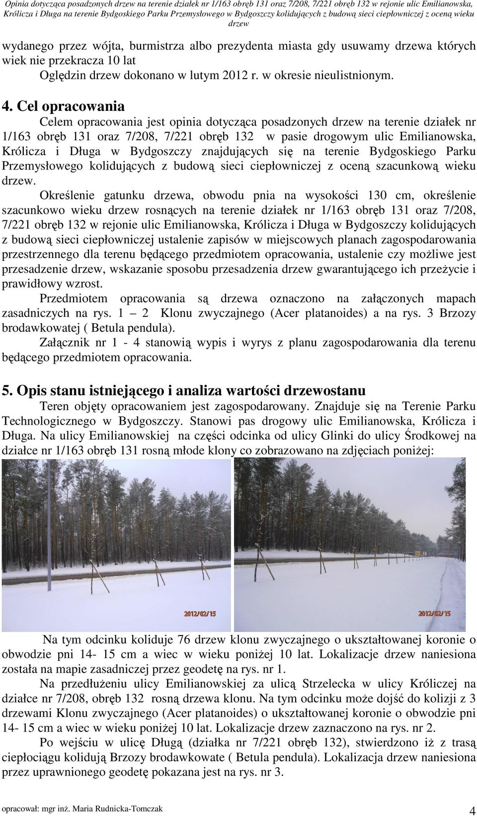 znajdujących się na terenie Bydgoskiego Parku Przemysłowego kolidujących z budową sieci ciepłowniczej z oceną szacunkową wieku.