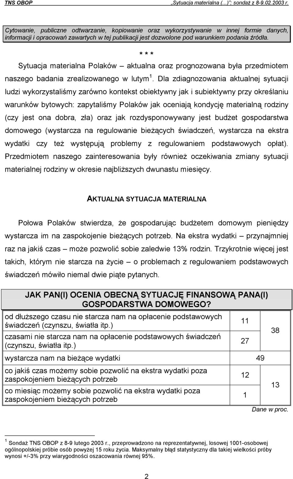 Dla zdiagnozowania aktualnej sytuacji ludzi wykorzystaliśmy zarówno kontekst obiektywny jak i subiektywny przy określaniu warunków bytowych: zapytaliśmy Polaków jak oceniają kondycję materialną