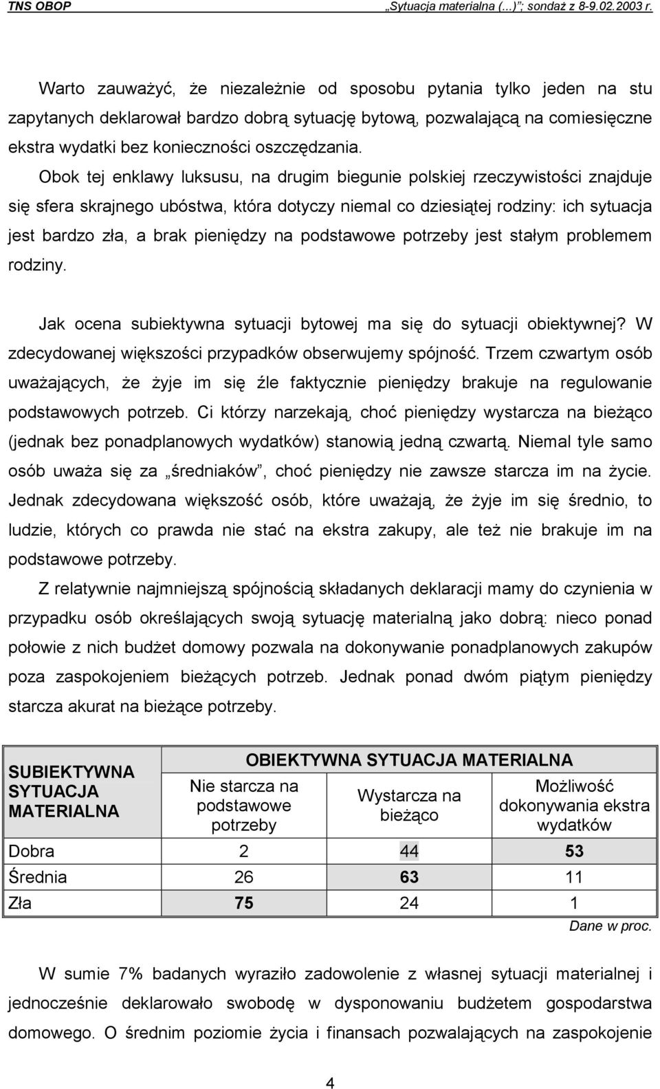 na podstawowe potrzeby jest stałym problemem rodziny. Jak ocena sytuacji bytowej ma się do sytuacji obiektywnej? W zdecydowanej większości przypadków obserwujemy spójność.